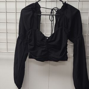 C'isa Smocked Black Crop Top Long Sleeve, Size S